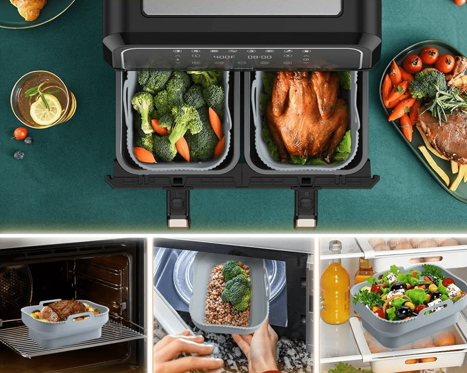 Récipient antiadhésif RECTANGULAIRE en silicone pour air fryer - Image 8